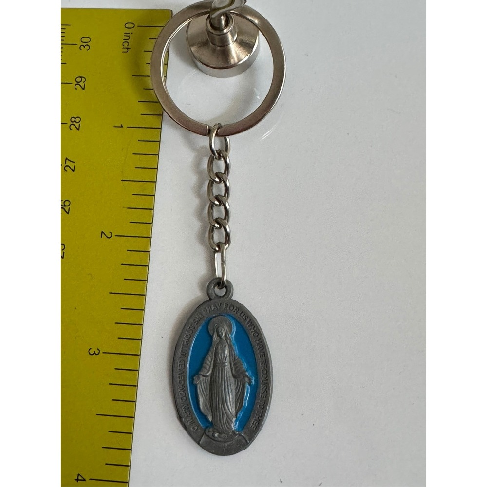 Vintage Miraculous Medal Virgin Mary Keychain Blue Enamel Religious Catholic